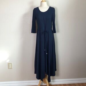 SUPERFOXX Medium Navy‎ 3/4 Sleeve Ribbed Drawstring Waist Flutter Hem Maxi Dress